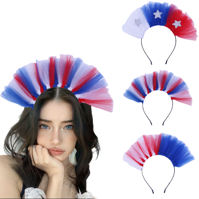 America's Independence Day  Blue， White and Red Tulle Headba